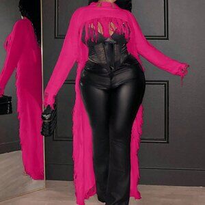 Hot Pink Casual Women's Plus Size Tassel Knit Pullover Sweater